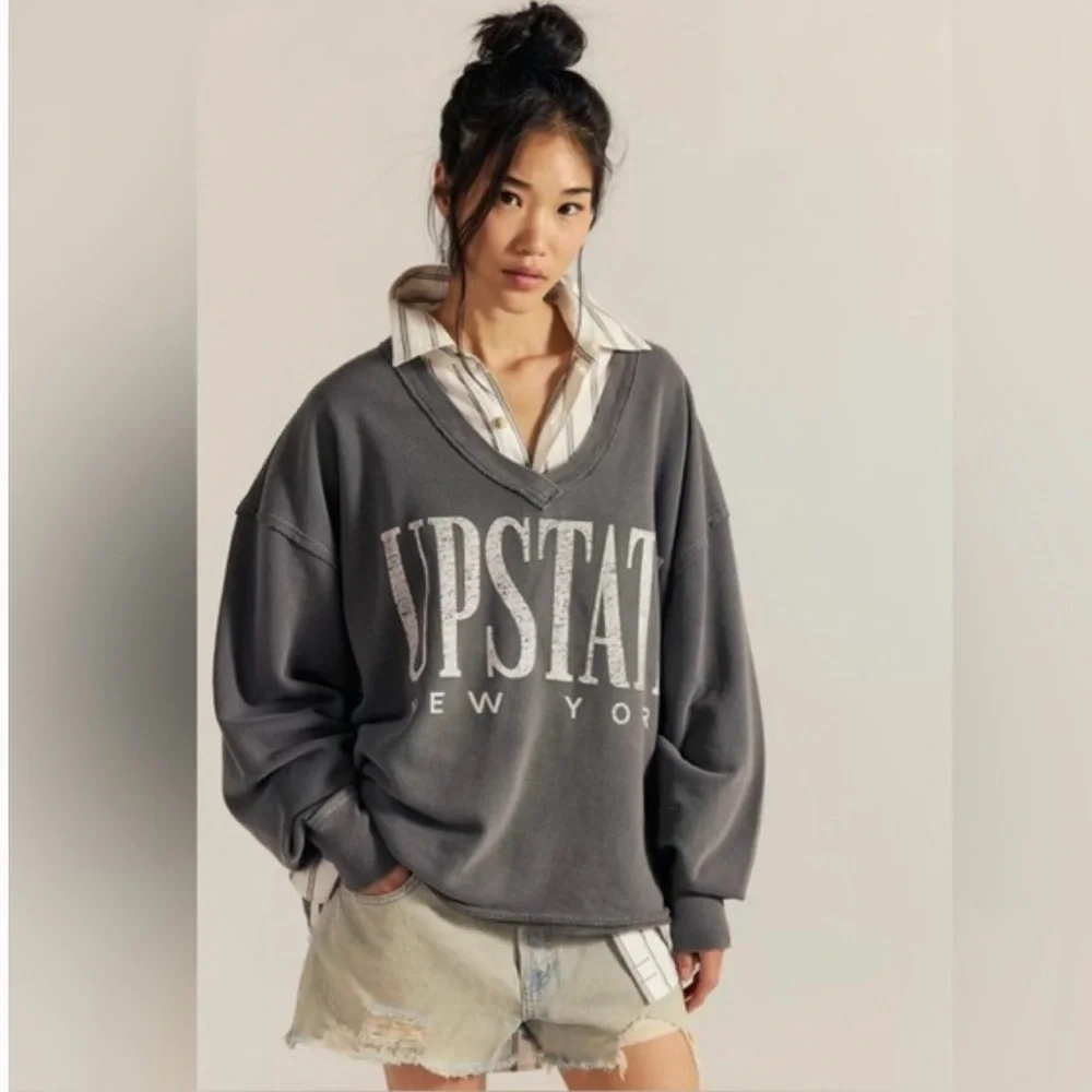 Free People Venice V-neck Graphic Sweatshirt in Washed Black Combo - Picture 1 of 6